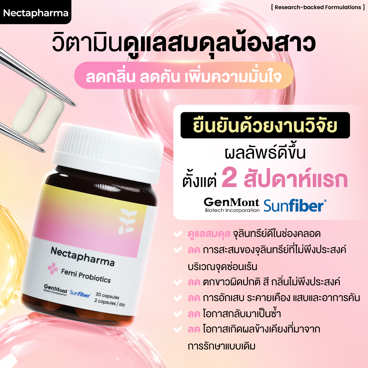 โพรไบโอติกสําหรับช่องคลอด ลดตกขาว Nectapharma Femi Probiotics